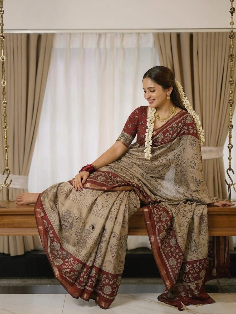 Heritage Kalamkari Mul Mul Cotton Saree - Brick Red